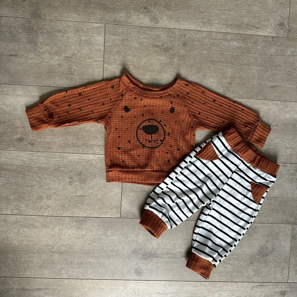 Boutique Baby Boy Thermal Bear Long Sleeve & Matching Striped Jogger Pants 3-6M